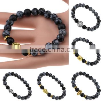 New Hot Models Natural Black Alabaster Bead Gold Silver Plated Buddha Leopard Head Bracelet Charm Stretch Beaded Yoga Bracelet