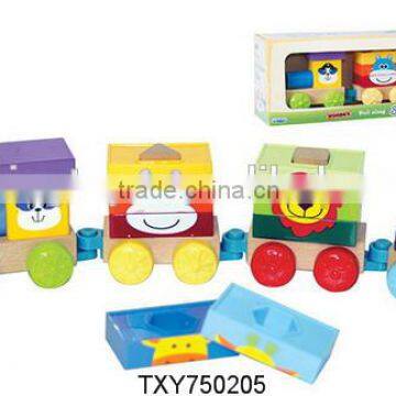 Kids Vehicle Blocks Toys Cartoon Wooden Pull Train with Cars/Trailer