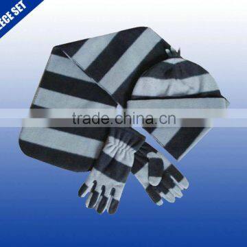 Mens soft stripe design printed fleece set knit scarf hat gloves