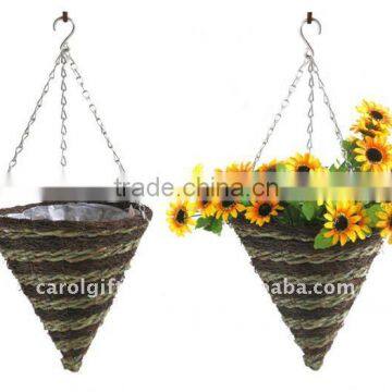 Brushwood and Green rope Cone hanging planter - hanging basket - Brushwood hanging flower pot