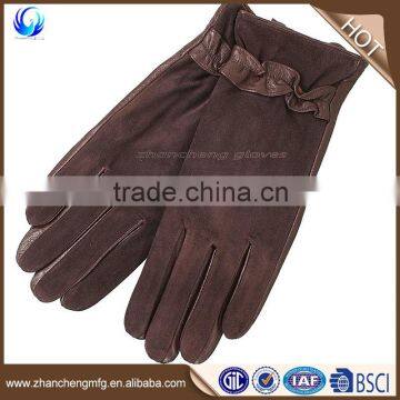 Wholesale fashion ladies winter thin brown suede leather gloves