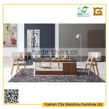 2016 latest rectangle marble top wooden coffee table with solid wood leisure chairs in living room