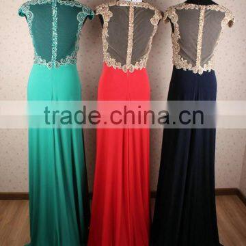 Sexy Elegant High Tall Beaded Cap Sleeve Navy Blue Long Evening Dress China photo-6