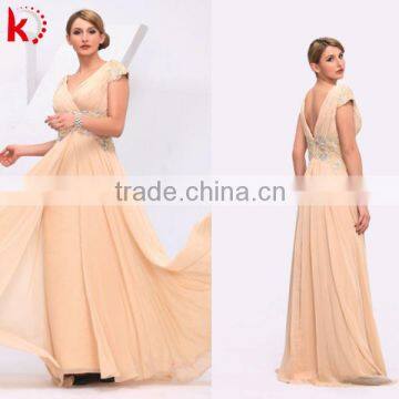 short sleeve beaded backless V-neck chiffon design evening dresses long