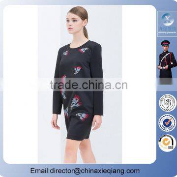 2016 Fashion Ladies Long Sleeve Flower Embroidered Dress