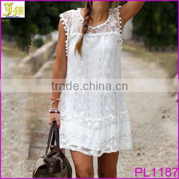 2016 Sexy Women Casual Sleeveless Beach Short Dress Solid White Evening Party Cocktail Mini Lace Dress