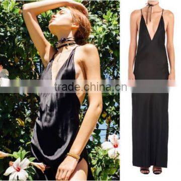 Women's Black Sexy Lingerie Satin Silk Long Dress photo-2