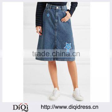 Wholesale Women Apparel Tonal-blue Embroidered Star A-line Mid-weight Denim Skirt(DQE0373SK)