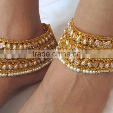 Designer PEARL Polki Payal ANKLETS Pair Feet Bracelet Gold Plated photo-5