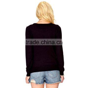 Crew Neck Long Sleeve Black Women Winter Sweater With White Hollow Out Stripe photo-3
