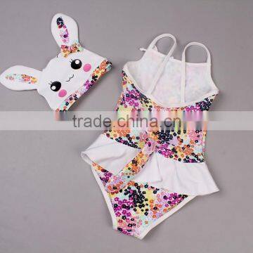2016 Girls Summer Bathing Suit White Polyester Swimwear With Rabbit And Hat New Fashion One Piece Swimsuit For Girls SR40417-2 photo-2