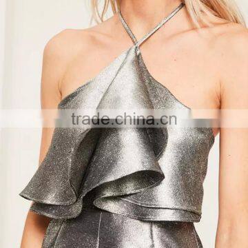Guangzhou Supplier Fashion Silver Double Layer Halter Romper Women Summer Sexy Playsuit for Wholesale photo-3