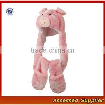 XJ01197/Pink cute pig plush hat with scarf / fashion custom pink pig animal hat