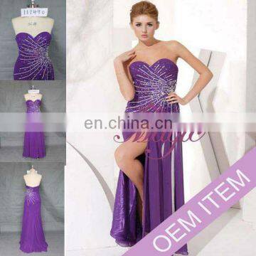 2013 Sexy side slit sweat heart train beaded purple chiffon prom dress