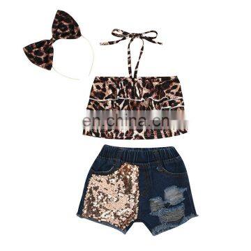 Toddler Girls Leopard Ruffle Top And Sequin Demin Short Kids Clothing Girl Sets Summer Baby Outfit