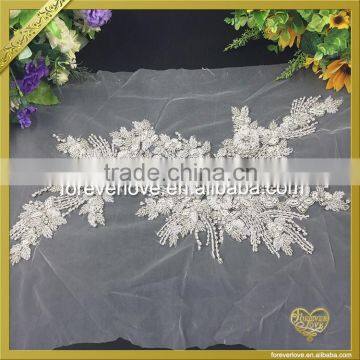 Lace Base Sew On Rhinestone Pearl Beaded Appliques Bridal Wedding Dress Appliques FHA-058 photo-4