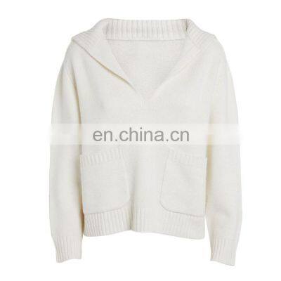 Designer Ribbed Knit Sailor Collar Cashmere Wool Knit Jumper Sweater for Women