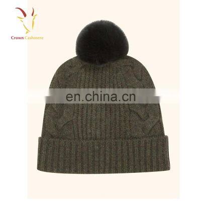Cashmere 100% Cable Knit Beanie Hat Pom Pom Girl Hat Wholesale photo-2