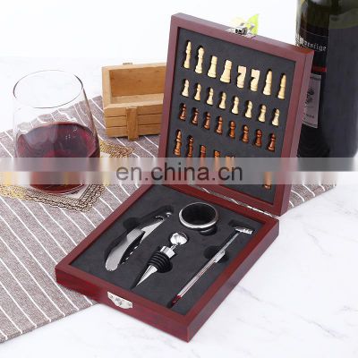 Multi Functional Entertainment Wooden Box Wine Bottle Opener Set With Chess Wine Set Can Be Customized