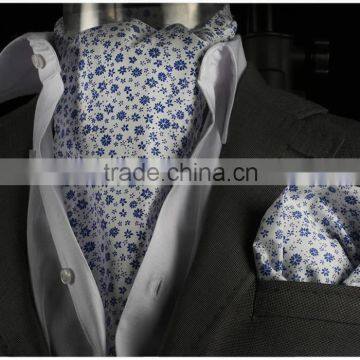 Blue White Flowered Cravat, Brown scarf, with Pocket Square