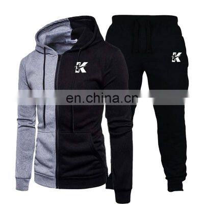 Wholesale custom new fashion men's long-sleeved zipper cardigan hooded sweater stitching casual sports jogging suit