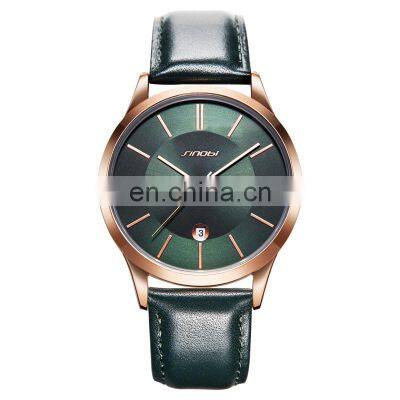 SINOBI Luxury Mens Watch Calendar Wristwatch Green Genuine Leather Band Quartz Watches S9792G