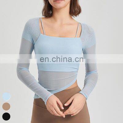 Custom Quick Dry Tshirt Breathable Mesh Square Neckline Sports Tops Women Long Sleeve Design Yoga T shirt With Fixed Padded