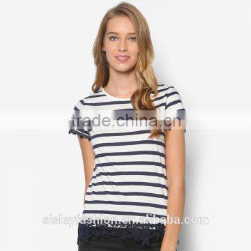 New comfprtable women t shirt design for ladies with high quality stripe t shirt TS132