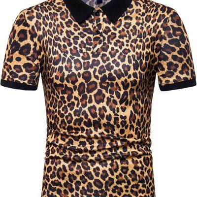 Men's Fashion Leopard Print T-Shirt Polo Leopard Short Sleeve Casual Polo Shirt Contrast Collar Golf Tennis Tops