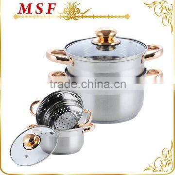 18CM Classical stainless steel 2 layer steam pot with gold plating handle & knob MSF-3179