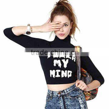 2016 Pizza my Mind Printed Turtleneck Long Sleeve Crop Top photo-2