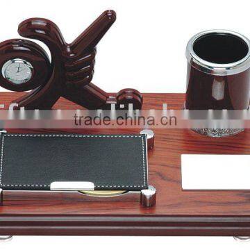 wooden desktop set,notepad,clock,pen cup