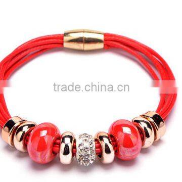 Leather Bracelet With Ceramic Beads and Rose Gold Charms 9 Colors for Choice
