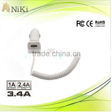 5V 3.4A Car Charger Adapter with Fixed Extension Cable for Apple Products and Mobile Phones