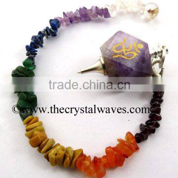 Amethyst Om Engraved Hexagonal Pendulum With Chakra Chips Chain