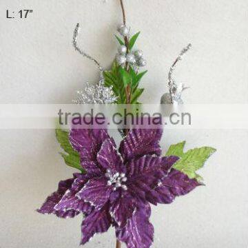 2013 Hot Sale Artificial Christmas Flowers 17" Artificial Velvet Poinsettia Pick