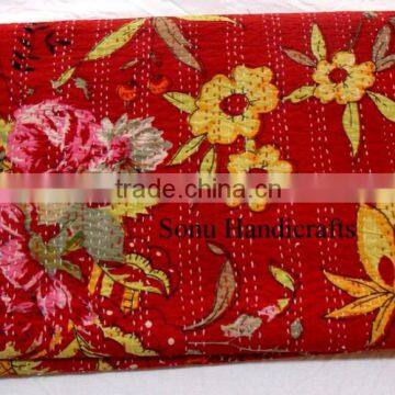 Indian Handmade Printed Kantha Quilt Reversible Queen Bedspread Bed Cover photo-4