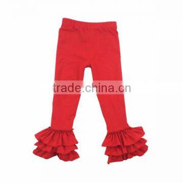 Boutique kids fashion pants design solid red Christmas ruffle pants children triple ruffle pants girls tight ruffle legging