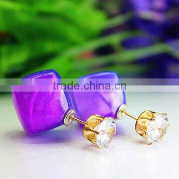 Latest Design Double Side Earrings Rhombus Candy Color Tiny Crystal Gold Plated Stud Jewelryi Earrings For Girls