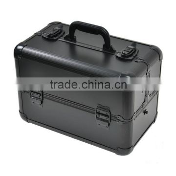 ALUMINUM MAKE UP CASE BLACK MEDIUM COSMETIC MAKEUP TRAIN w/ SHOULDER STRAP