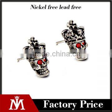 Luxury Red Stone Stainless Steel Silver Jewelry Punk Skull Earrings for mens