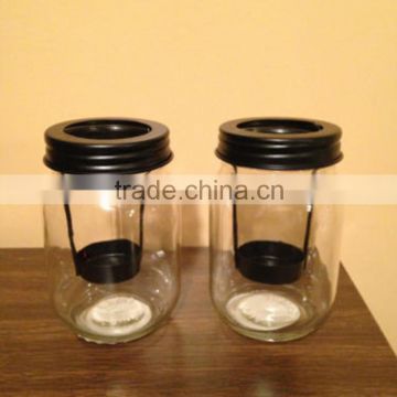 2016 Christmas Gift Black Metal Clear Mason Jar Tea Light Candle Holder Set of 2 Glass Candle Mason Jar