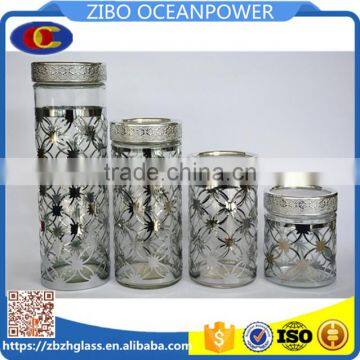 Set of 4 Glass Food container storage canister with silver metal coat