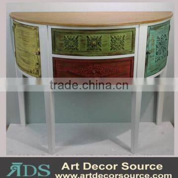 Colored wood carved semi-circle table with drawers