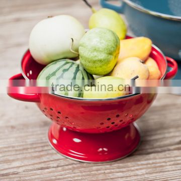 Vintage enamel metal fruit colander vegetable basket kitchen strainer with double handles