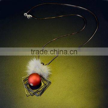 Chunky Ball Metal Square Pendant Necklace Winter Mink Fur Ball Pendant Necklace Geometric Sweater Necklace