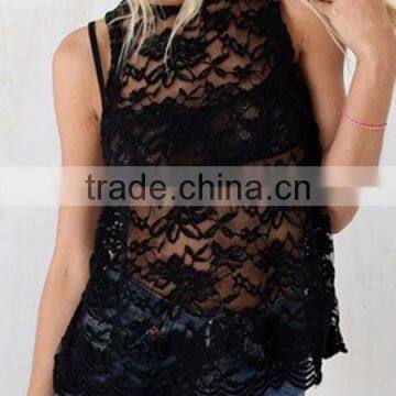 2015 Wholesale Low Price Sleeveless Sheer Lace Cutout Open Split Back See Through Top Vest Blouse photo-4
