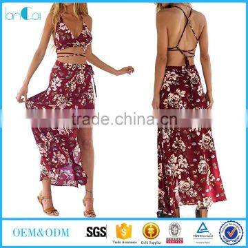 Women's Boho Bandage Crop Top Long Skirt Floral Print Maxi Dress