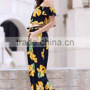 Floral Printed Cold Shoulder Ruffle Crop Top and Palazzo Pants Two Piece Sets photo-3