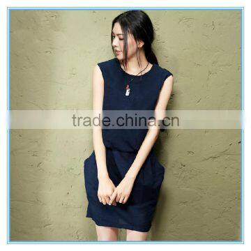 2016 Elegant Slim Casual Dress Solid Color Cotton Linen Vest Dress For Women photo-3